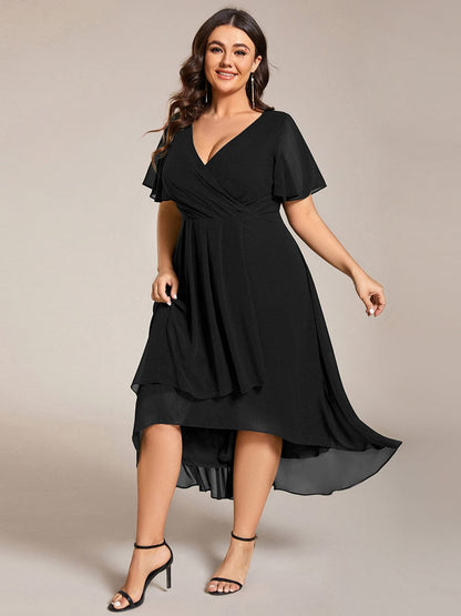 Pleated V-Neck Chiffon A-Line Midi Wedding Dress for Curvy Guests