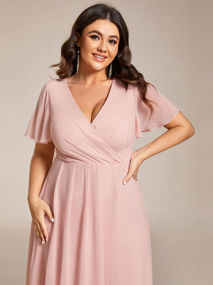 Pleated V-Neck Chiffon A-Line Midi Wedding Dress for Curvy Guests