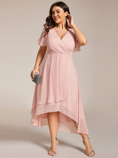 Pleated V-Neck Chiffon A-Line Midi Wedding Dress for Curvy Guests