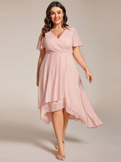 Pleated V-Neck Chiffon A-Line Midi Wedding Dress for Curvy Guests