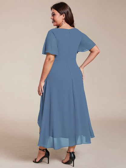 Pleated V-Neck Chiffon A-Line Midi Wedding Dress for Curvy Guests
