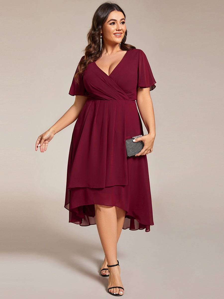 Pleated V-Neck Chiffon A-Line Midi Wedding Dress for Curvy Guests