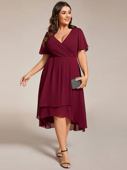 Pleated V-Neck Chiffon A-Line Midi Wedding Dress for Curvy Guests