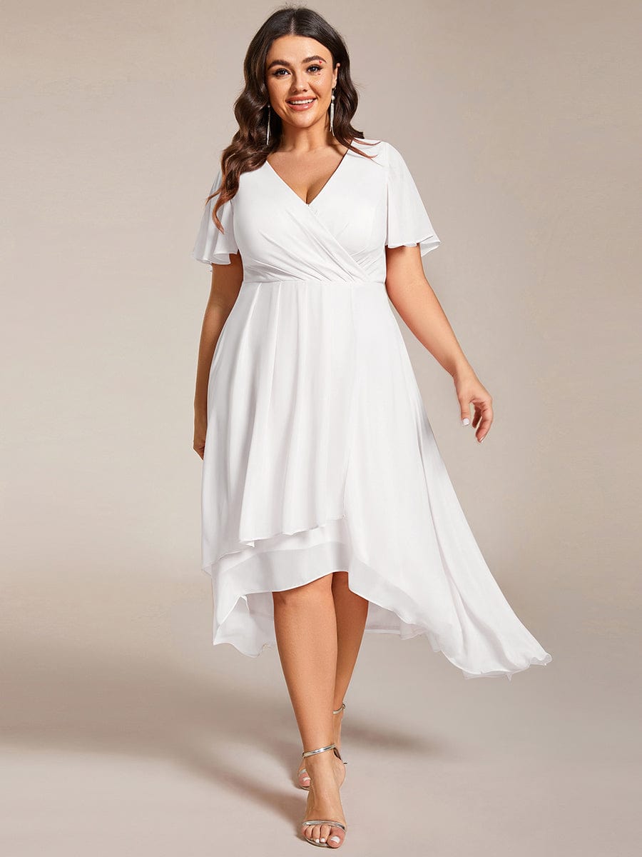 Pleated V-Neck Chiffon A-Line Midi Wedding Dress for Curvy Guests