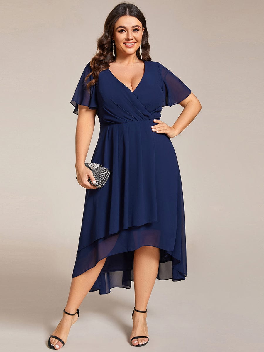 Pleated V-Neck Chiffon A-Line Midi Wedding Dress for Curvy Guests