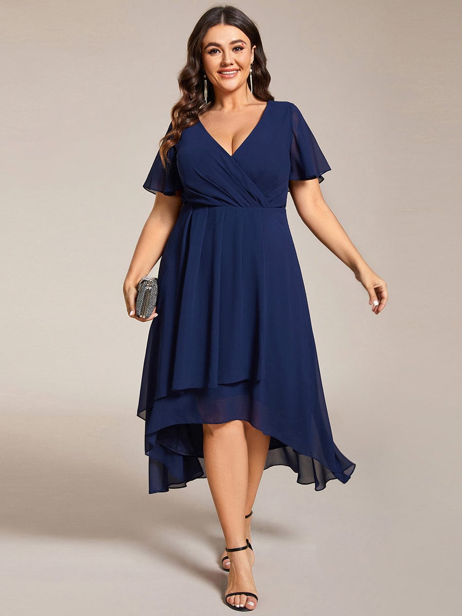Pleated V-Neck Chiffon A-Line Midi Wedding Dress for Curvy Guests