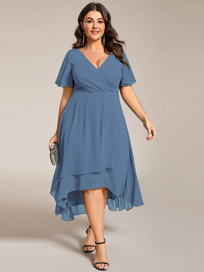 Pleated V-Neck Chiffon A-Line Midi Wedding Dress for Curvy Guests
