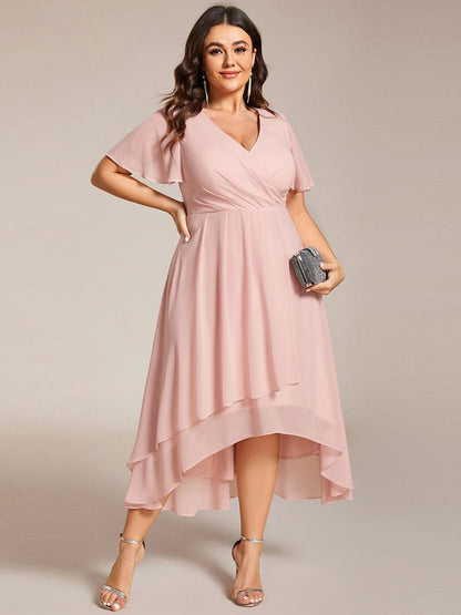 Pleated V-Neck Chiffon A-Line Midi Wedding Dress for Curvy Guests