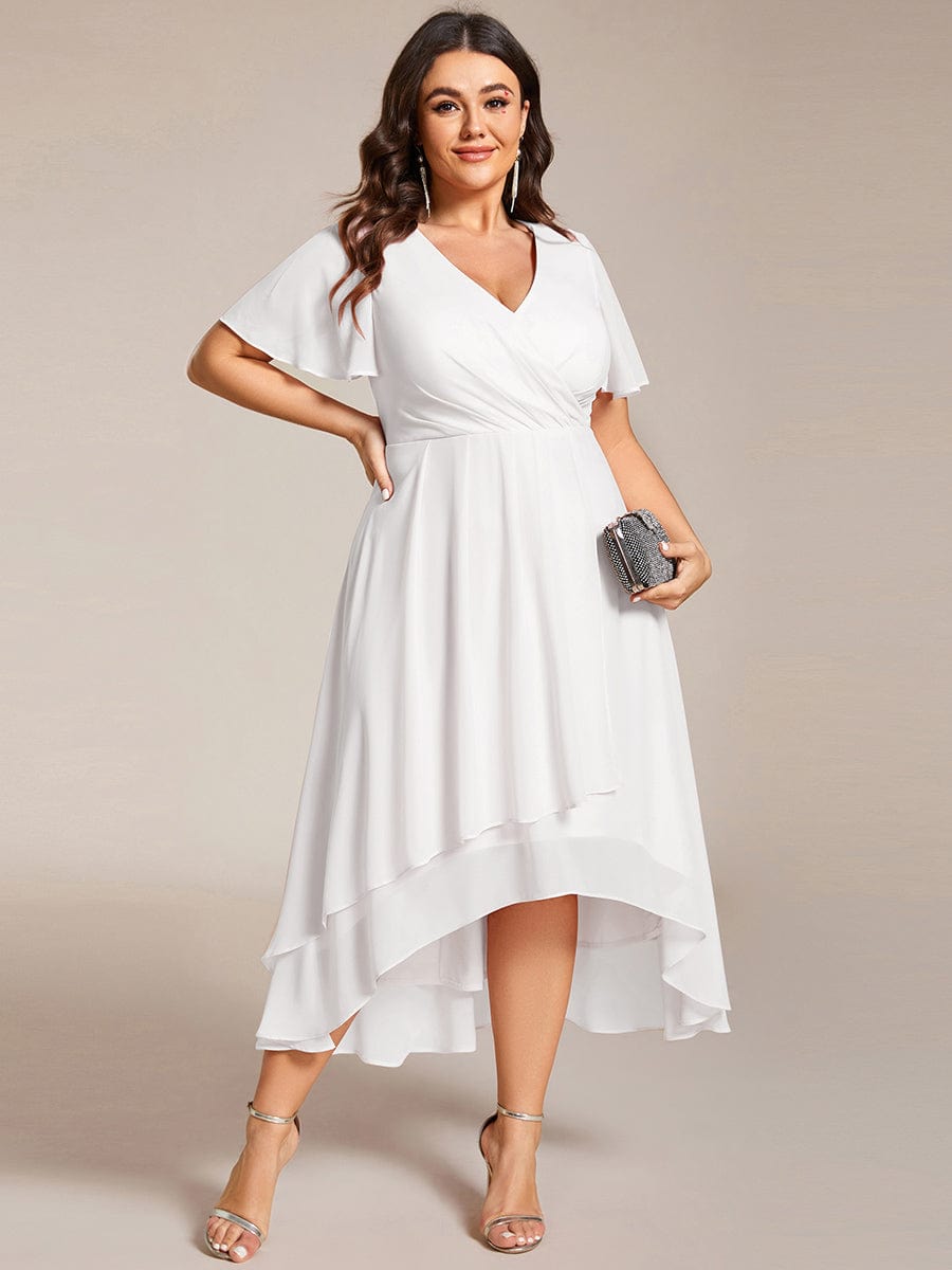 Pleated V-Neck Chiffon A-Line Midi Wedding Dress for Curvy Guests