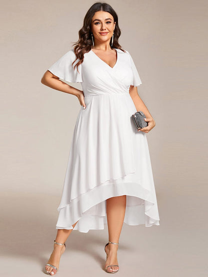 Pleated V-Neck Chiffon A-Line Midi Wedding Dress for Curvy Guests