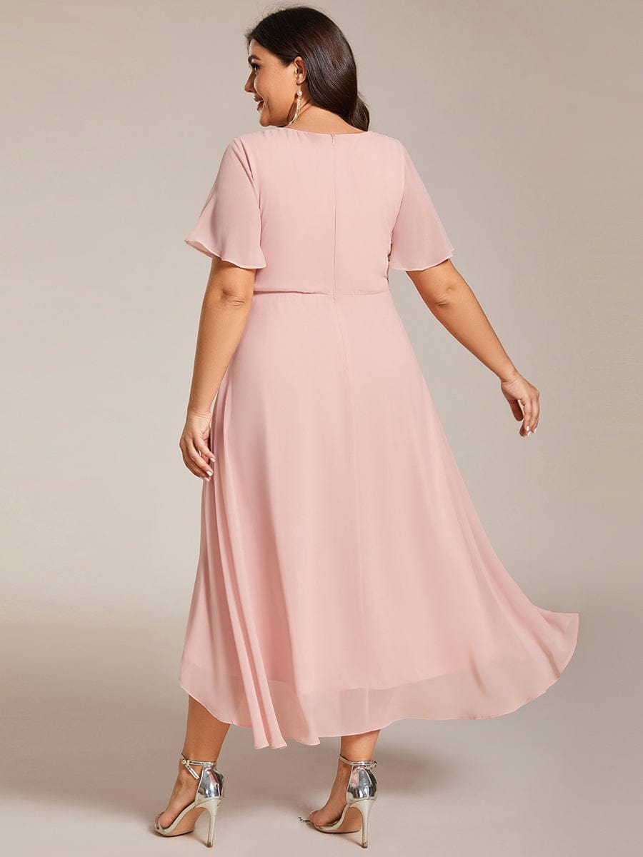 Pleated V-Neck Chiffon A-Line Midi Wedding Dress for Curvy Guests
