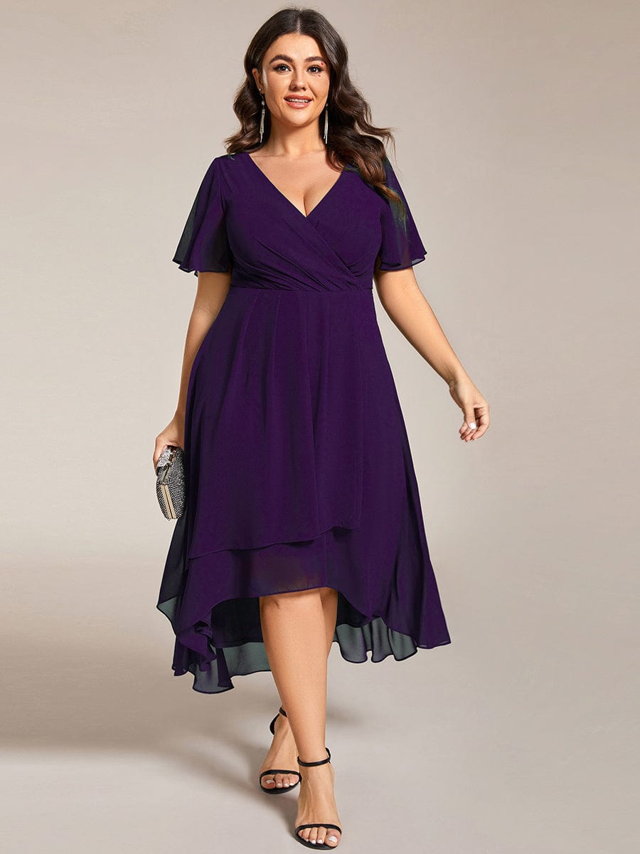 Pleated V-Neck Chiffon A-Line Midi Wedding Dress for Curvy Guests