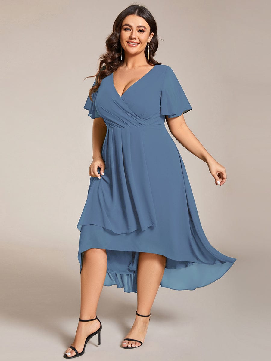 Pleated V-Neck Chiffon A-Line Midi Wedding Dress for Curvy Guests