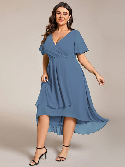 Pleated V-Neck Chiffon A-Line Midi Wedding Dress for Curvy Guests