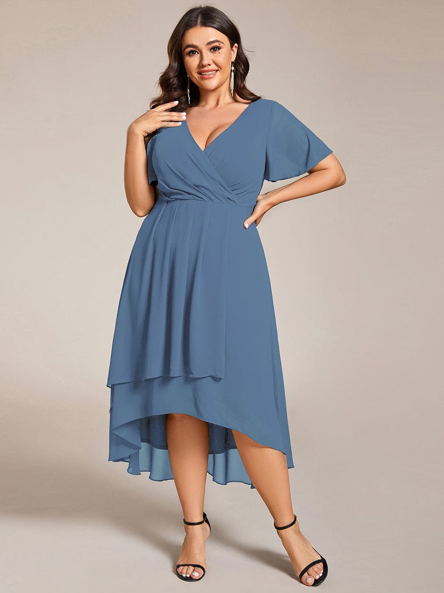 Pleated V-Neck Chiffon A-Line Midi Wedding Dress for Curvy Guests