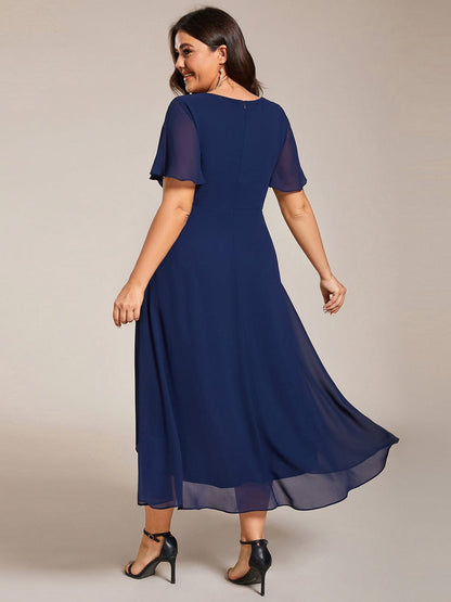 Pleated V-Neck Chiffon A-Line Midi Wedding Dress for Curvy Guests