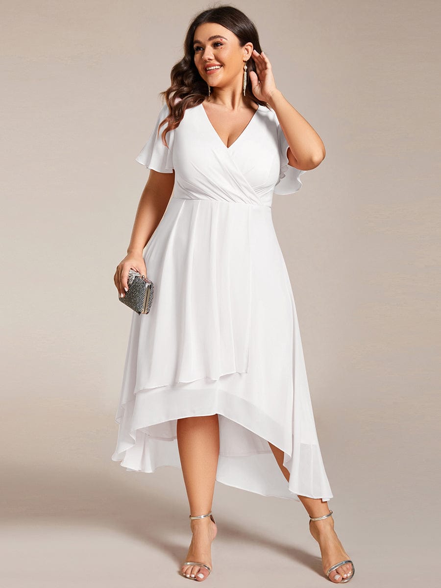 Pleated V-Neck Chiffon A-Line Midi Wedding Dress for Curvy Guests