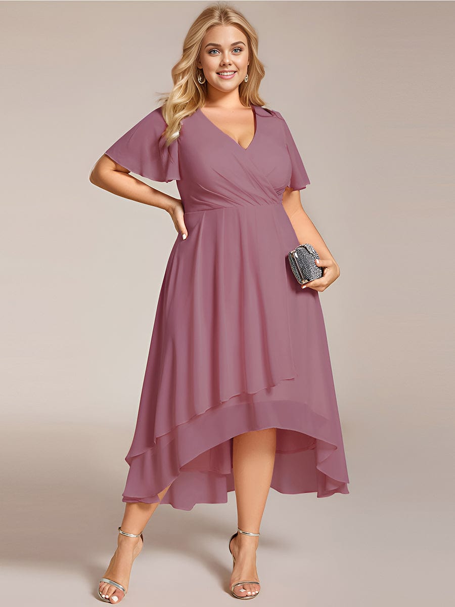 Pleated V-Neck Chiffon A-Line Midi Wedding Dress for Curvy Guests
