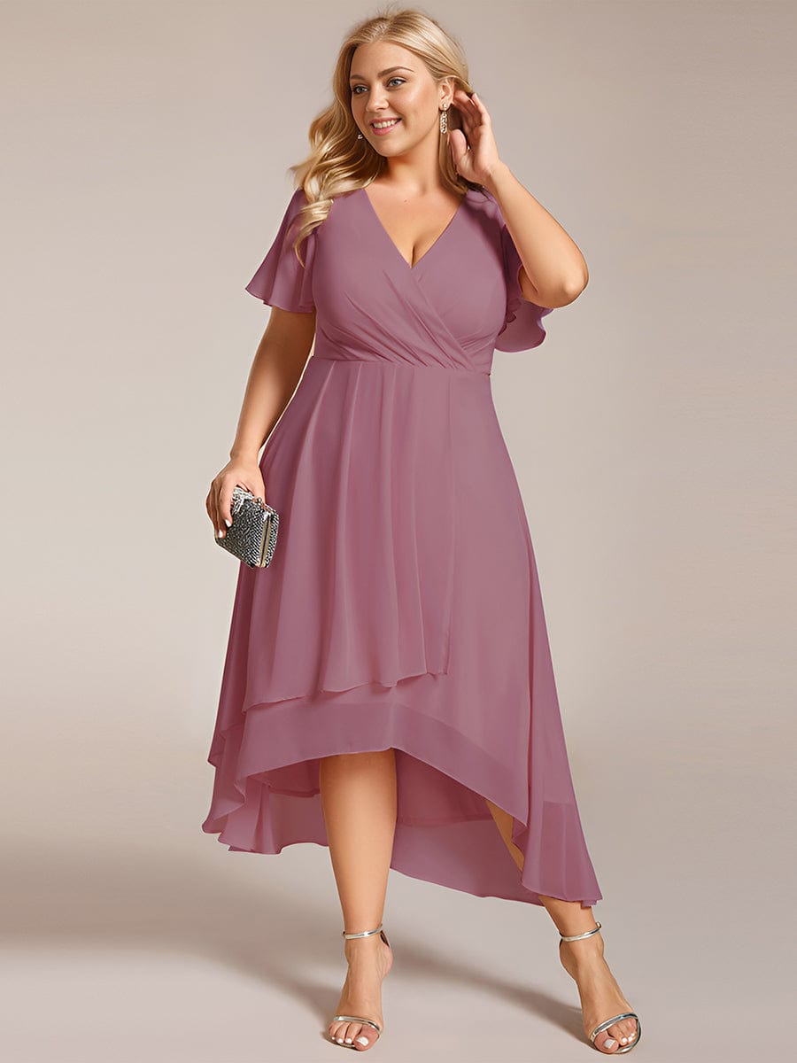 Pleated V-Neck Chiffon A-Line Midi Wedding Dress for Curvy Guests