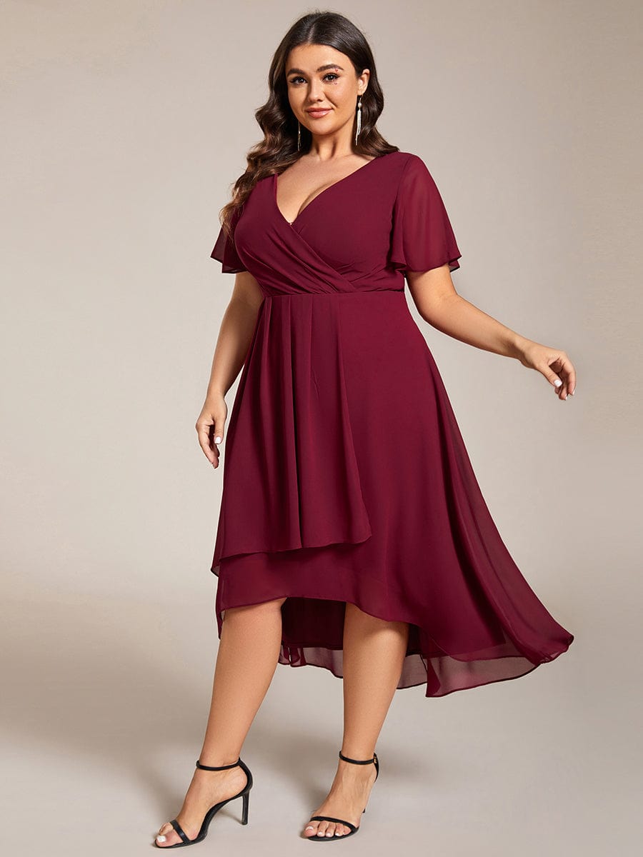 Pleated V-Neck Chiffon A-Line Midi Wedding Dress for Curvy Guests