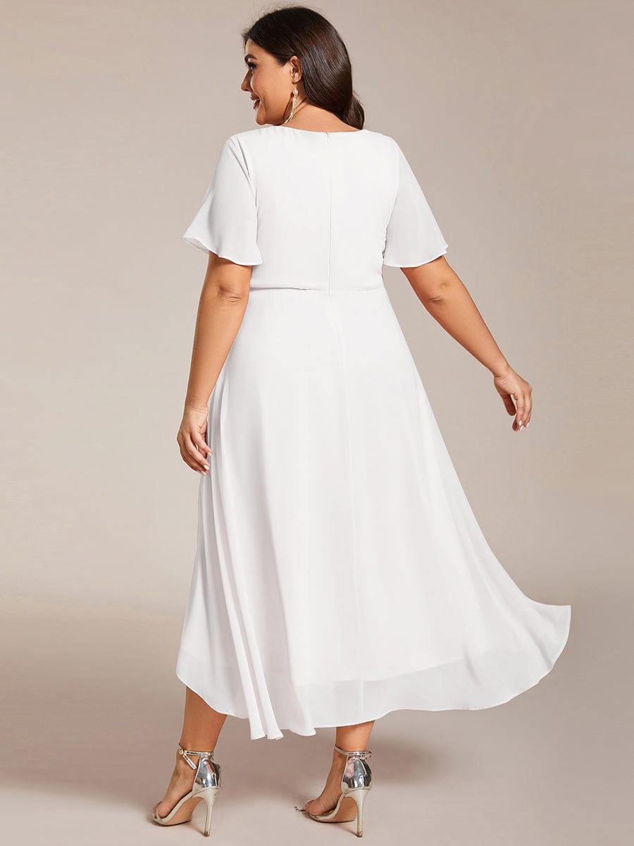Pleated V-Neck Chiffon A-Line Midi Wedding Dress for Curvy Guests