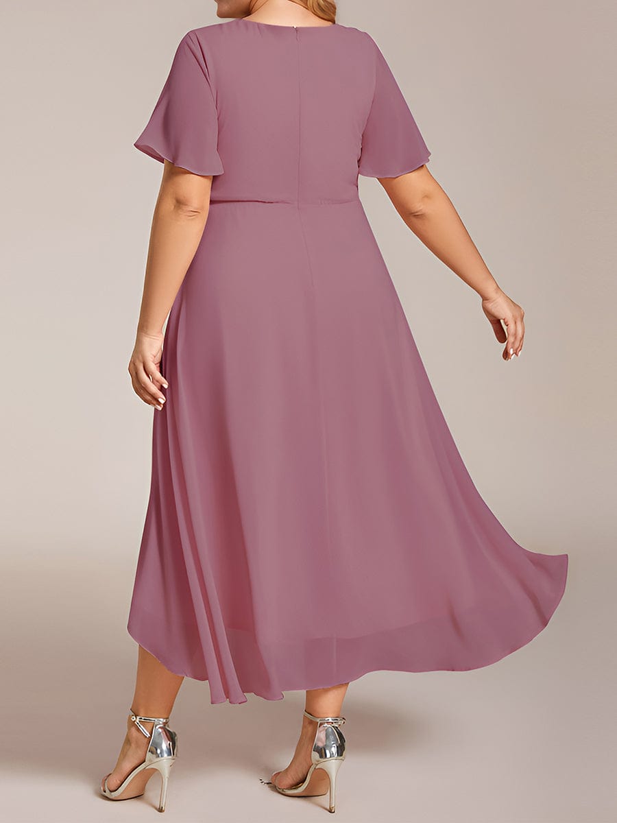 Pleated V-Neck Chiffon A-Line Midi Wedding Dress for Curvy Guests