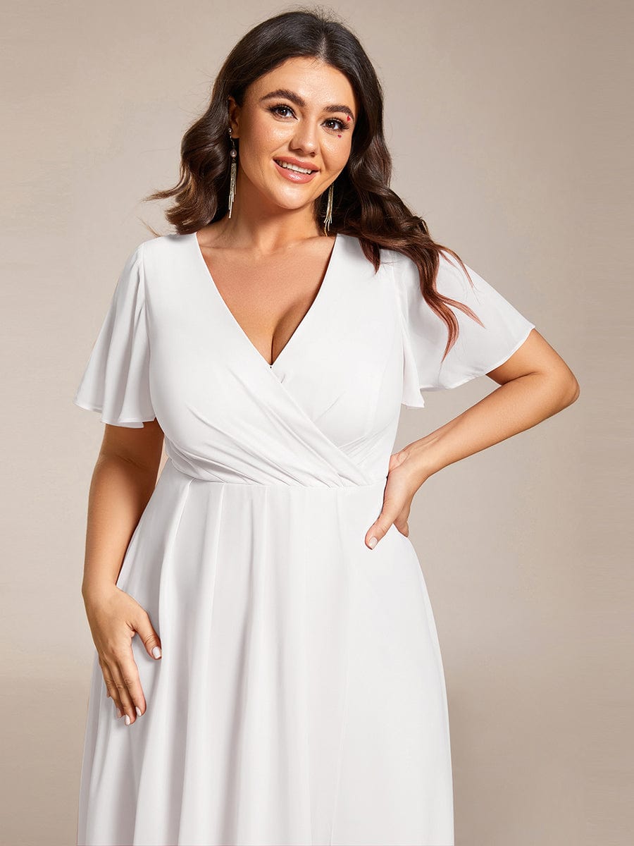 Pleated V-Neck Chiffon A-Line Midi Wedding Dress for Curvy Guests