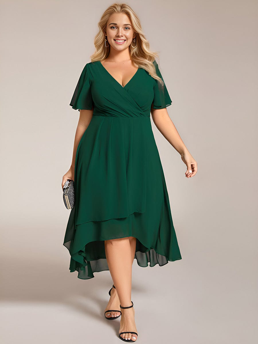Pleated V-Neck Chiffon A-Line Midi Wedding Dress for Curvy Guests