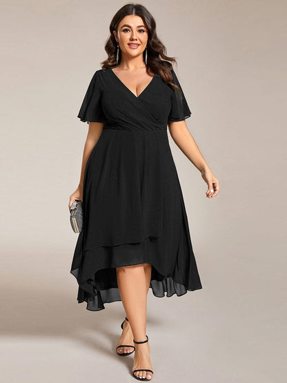 Pleated V-Neck Chiffon A-Line Midi Wedding Dress for Curvy Guests