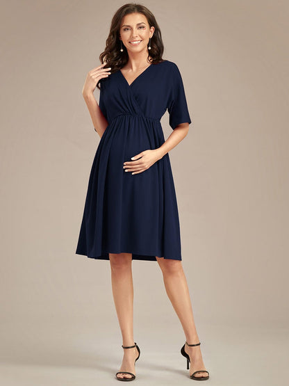 Pleated V-Neck Maternity Dresses with Stretch Fabric