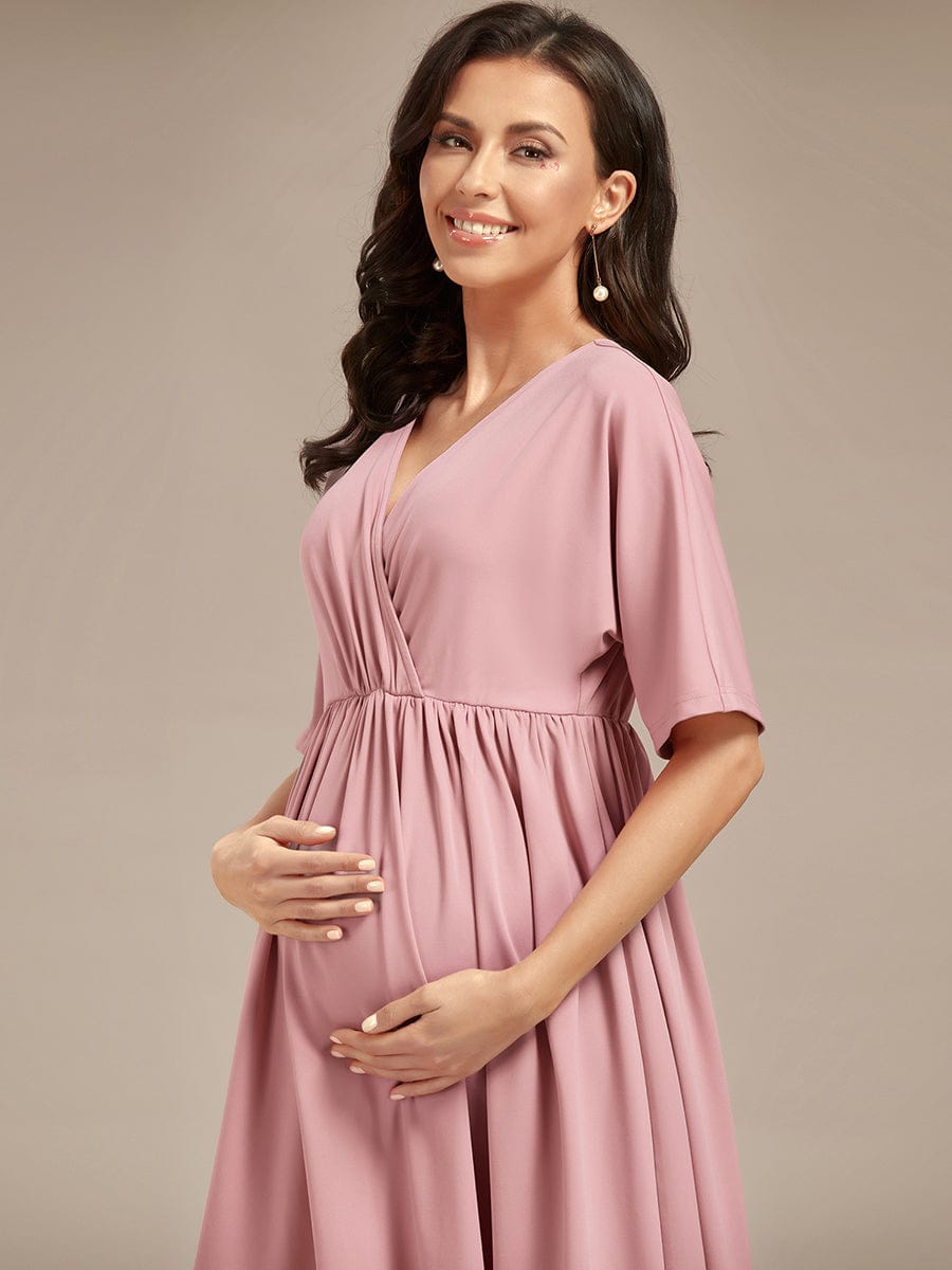 Pleated V-Neck Maternity Dresses with Stretch Fabric