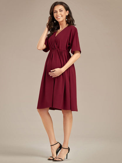 Pleated V-Neck Maternity Dresses with Stretch Fabric