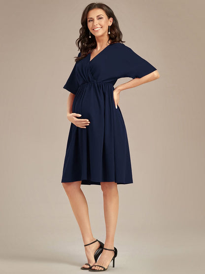Pleated V-Neck Maternity Dresses with Stretch Fabric