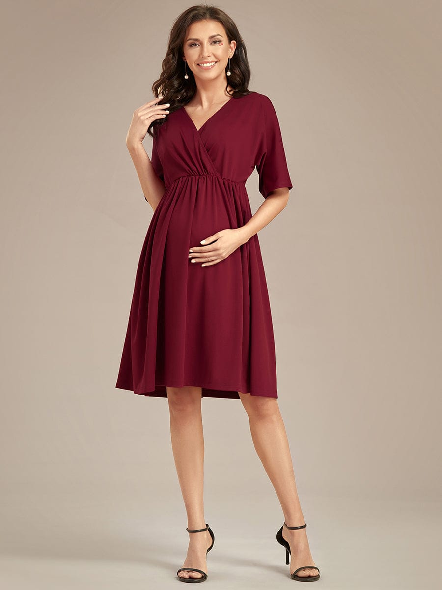 Pleated V-Neck Maternity Dresses with Stretch Fabric