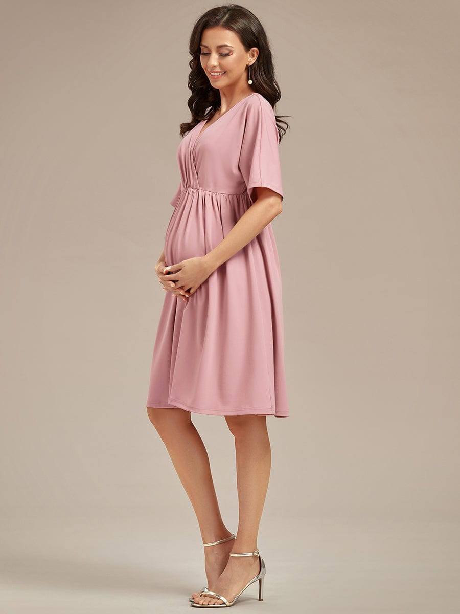 Pleated V-Neck Maternity Dresses with Stretch Fabric