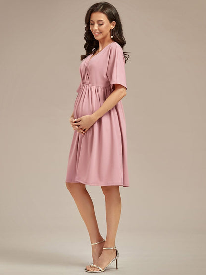 Pleated V-Neck Maternity Dresses with Stretch Fabric