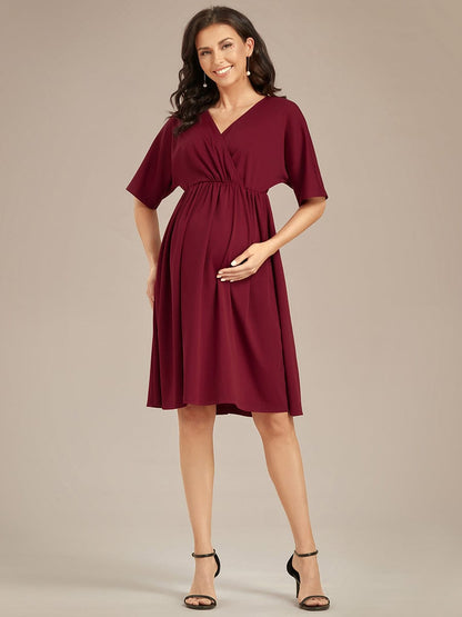 Pleated V-Neck Maternity Dresses with Stretch Fabric