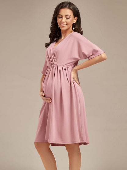Pleated V-Neck Maternity Dresses with Stretch Fabric