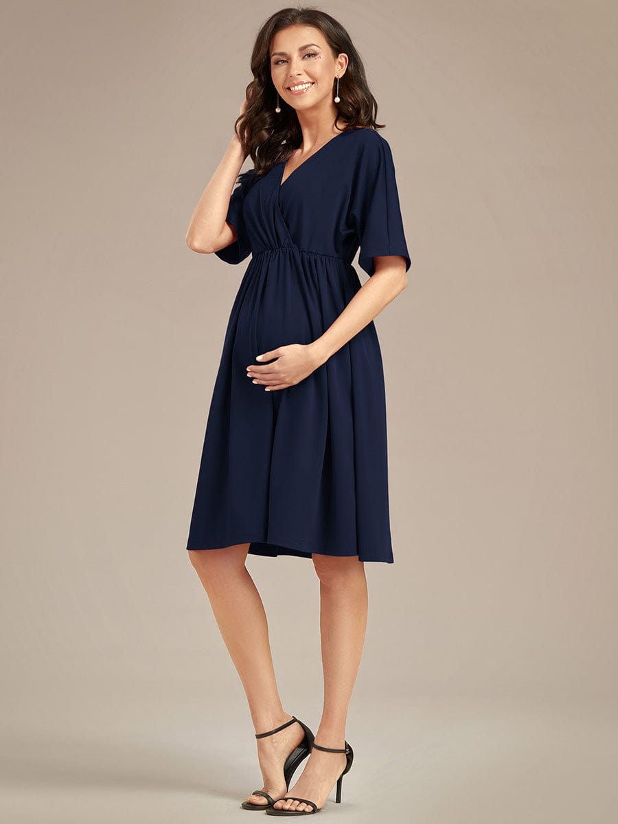 Pleated V-Neck Maternity Dresses with Stretch Fabric