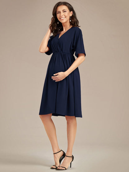 Pleated V-Neck Maternity Dresses with Stretch Fabric
