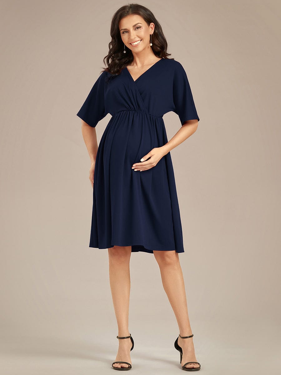 Pleated V-Neck Maternity Dresses with Stretch Fabric
