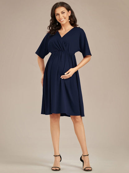 Pleated V-Neck Maternity Dresses with Stretch Fabric