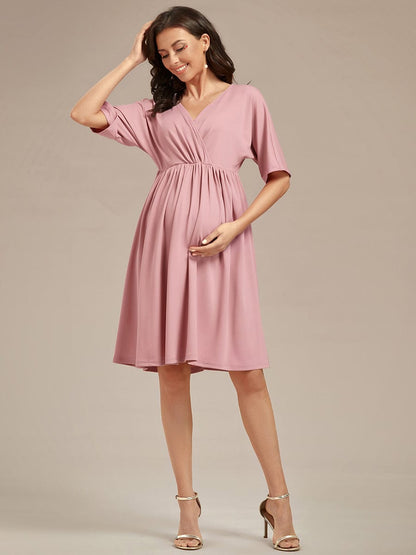 Pleated V-Neck Maternity Dresses with Stretch Fabric