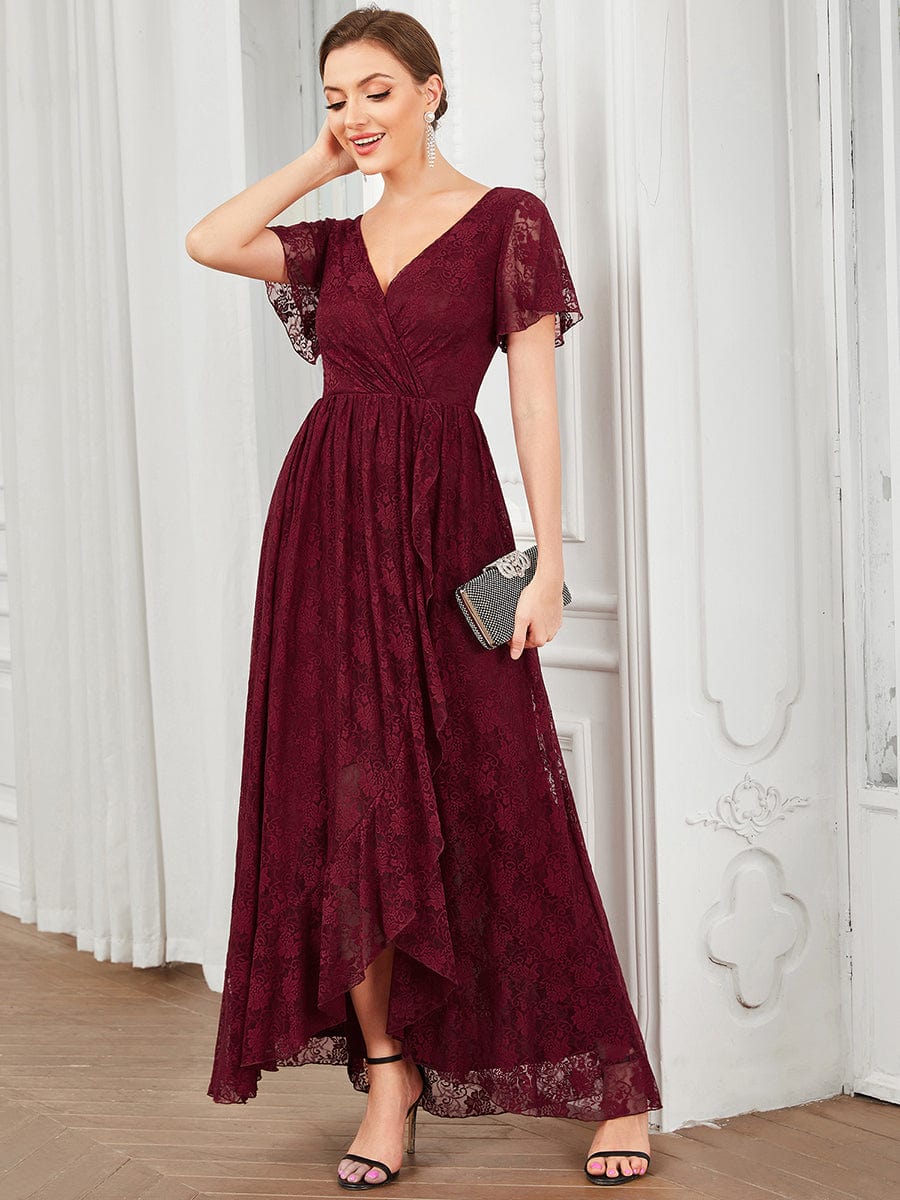 Pleated V-Neck Short Sleeve Ruffled Lace Evening Dress