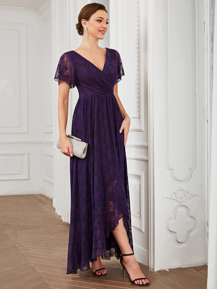 Pleated V-Neck Short Sleeve Ruffled Lace Evening Dress