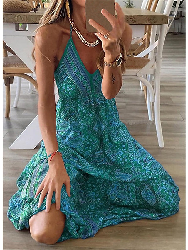 Women's Dress - Boho Dress Long Dress Maxi Dress Green Purple Pink Sleeveless Abstract Print Spring Summer V Neck Classic 2023 S M L XL