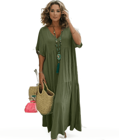 Plus Size Casual Dress, Women's Plus Solid V Neck Short Sleeve Ruffle Trim Smock Dress