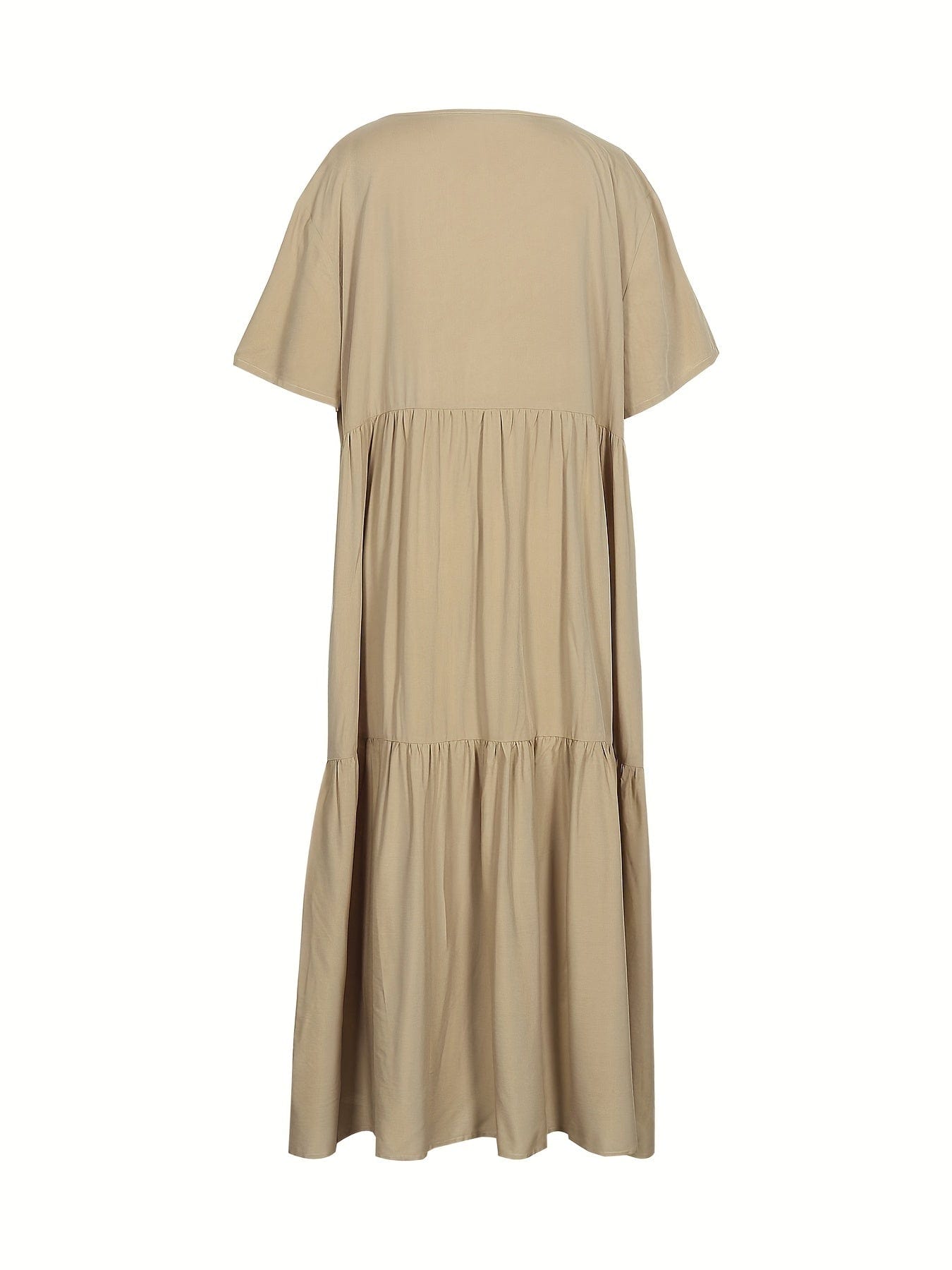 Plus Size Casual Dress, Women's Plus Solid V Neck Short Sleeve Ruffle Trim Smock Dress