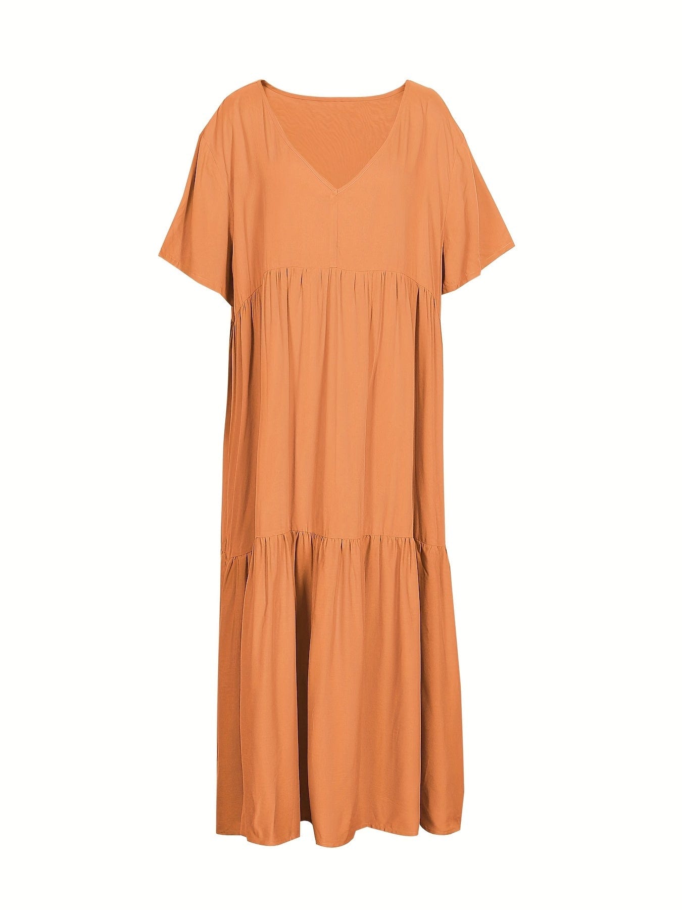 Plus Size Casual Dress, Women's Plus Solid V Neck Short Sleeve Ruffle Trim Smock Dress