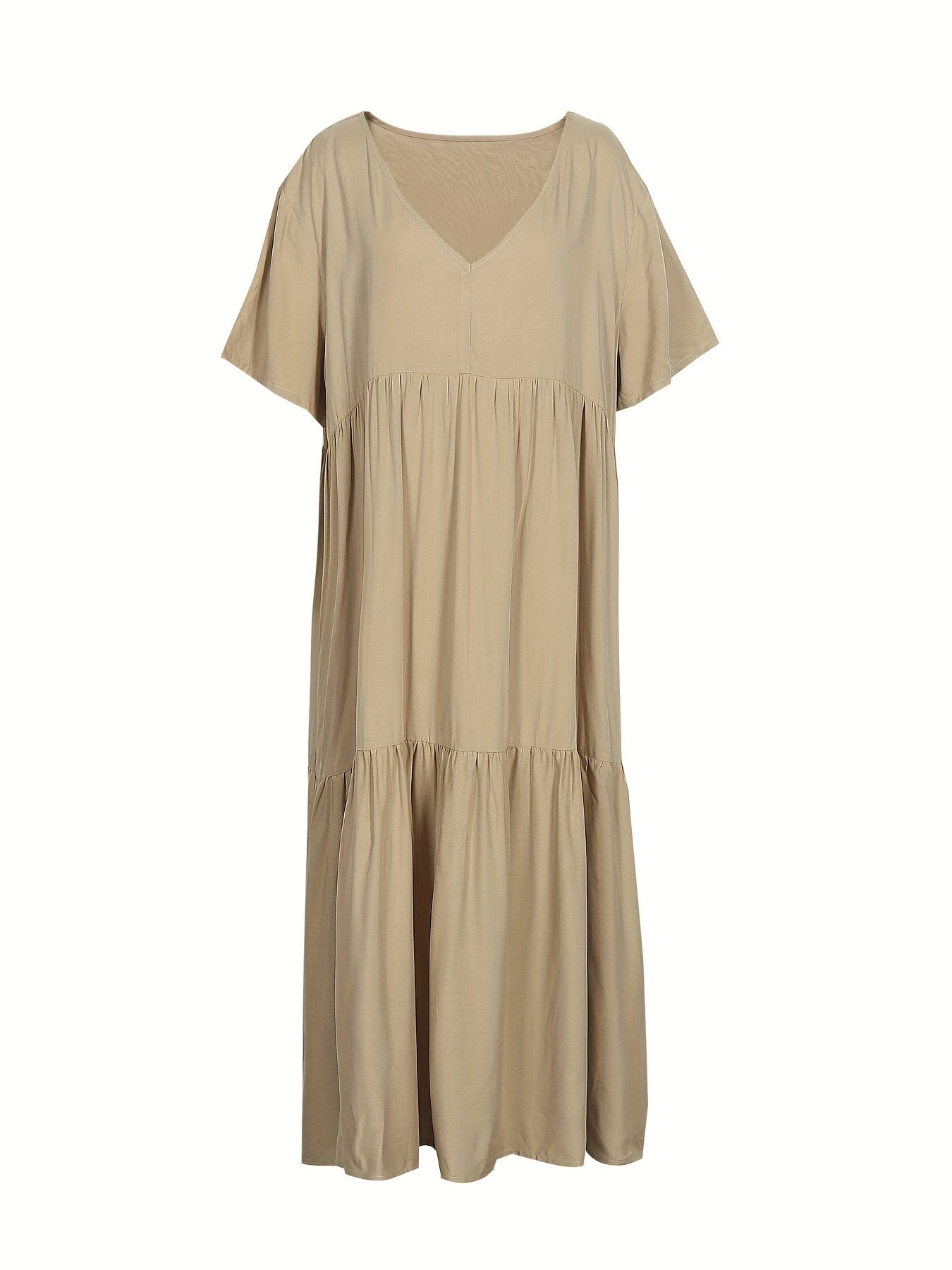 Plus Size Casual Dress, Women's Plus Solid V Neck Short Sleeve Ruffle Trim Smock Dress